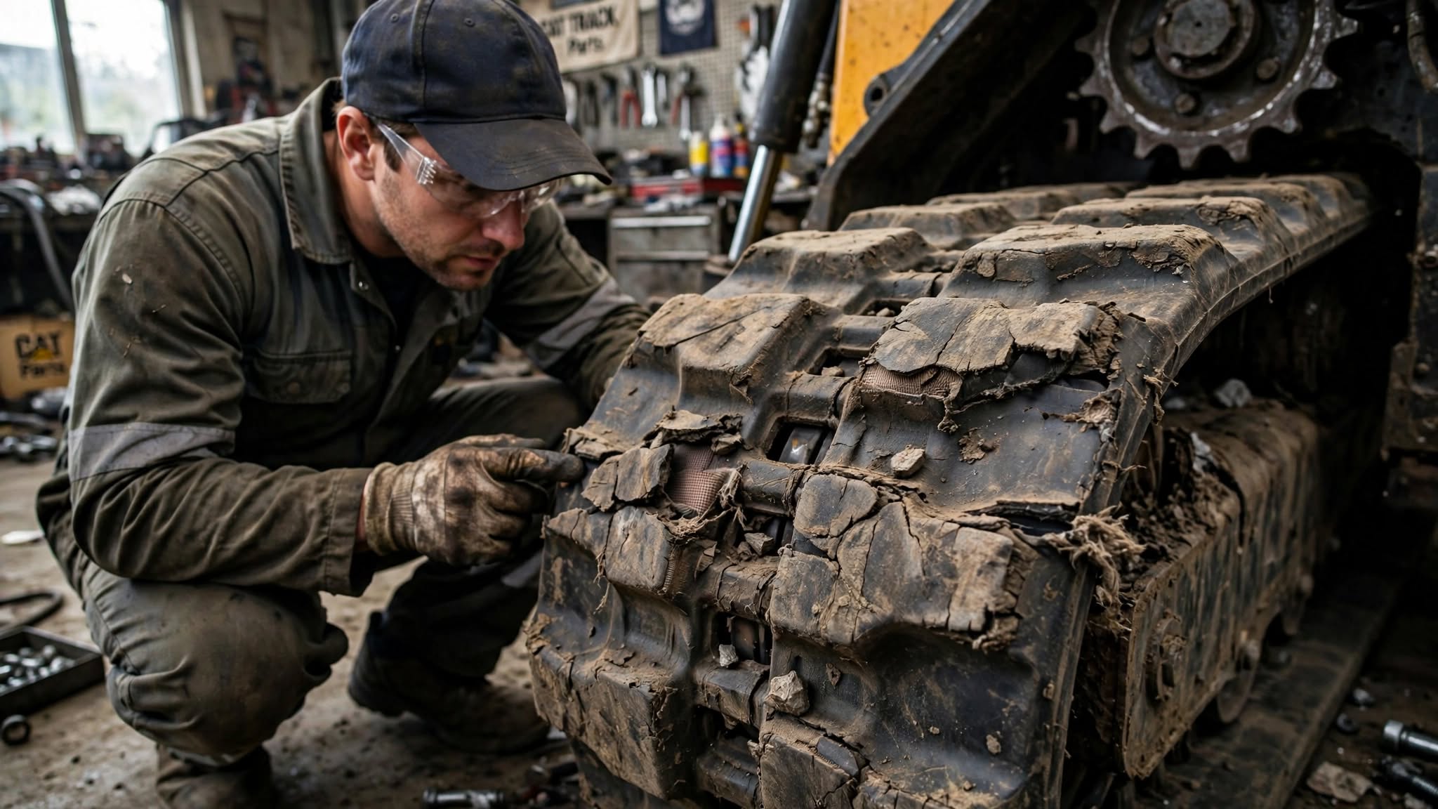 Mechanic inspecting severe lug wear on a compact loader track